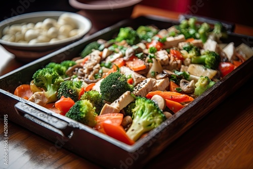 tray of sizzling stir-fry with vegetables  tofu and meat  created with generative ai
