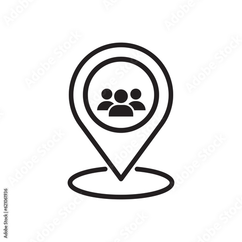 Meeting point location vector icon. Friends nearby. Group of people inside pinpoint. vector line icon
