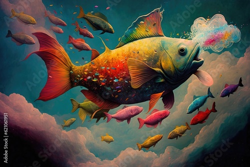 Colorful underwater world with fishes and coral reef. Fantasy landscape