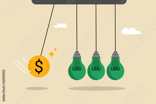 Sparks of positive financial meaning, business target market and transformation, streamlining ideas, profitability, optimizing results, dollar coin as a pendulum moving and hitting green light bulbs