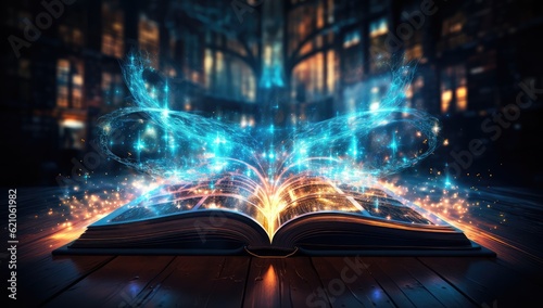 Open book with  glowing light coming from the pages