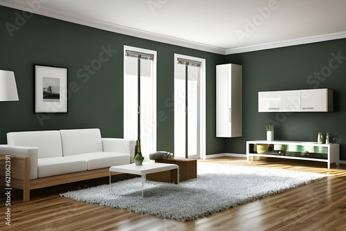 Blank sage green wall partition  white baseboard on parquet floor in luxury  modern room design with wooden dining table  chair  cabinet  cupboard and light colour window curtain