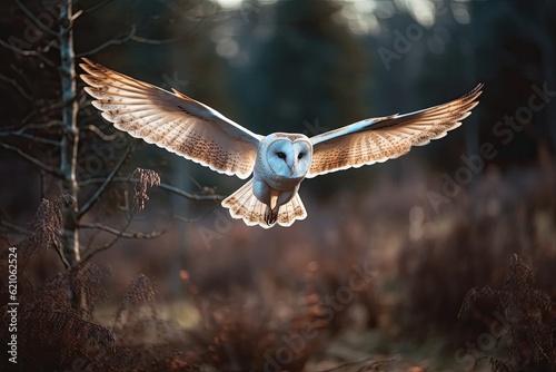 Flying while hunting, a barn owl. a picture of several animals in a remote woodland. an alba bird in flight
