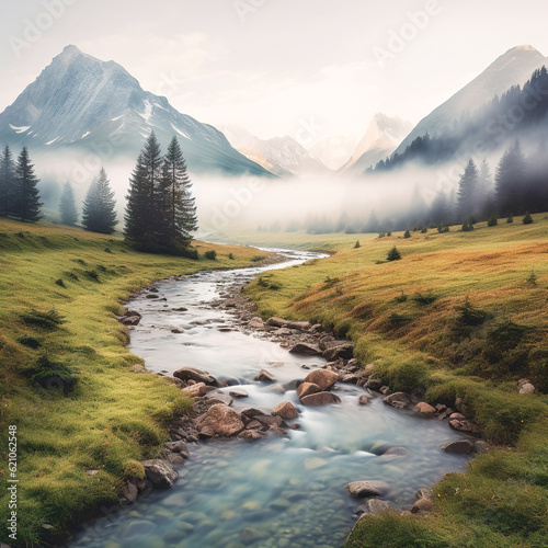 beautiful landscape mountain range with a river and a cloudy sky photo