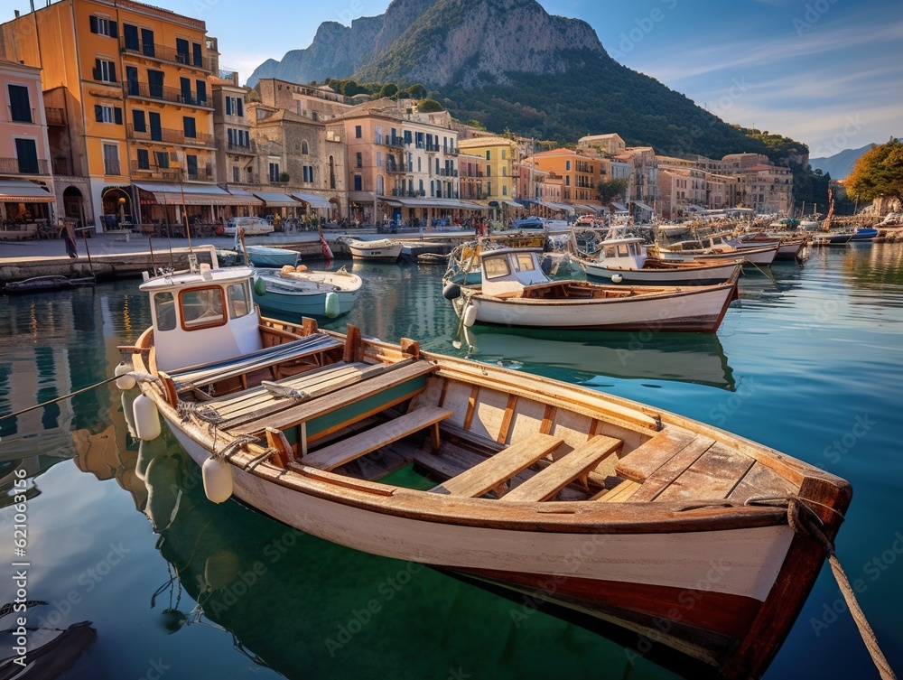 water scene with two boats at sunset parked in place, in the style of colorful cityscapes, italian landscapes, vibrant color fields