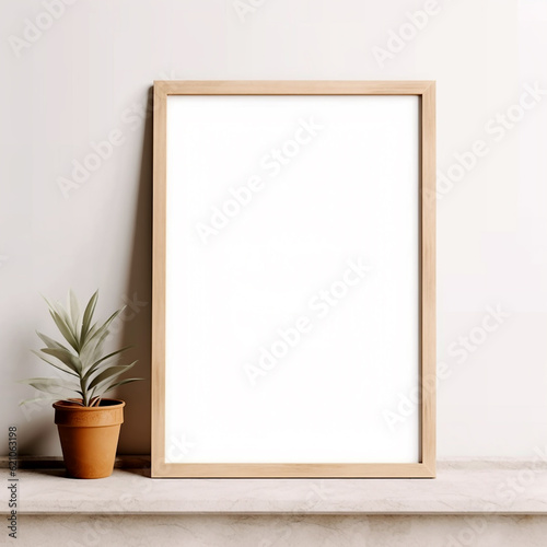 Brown wooden single poster mockup standing on the table,poster mockups,minimalist mockups,frame templates in boho style room.