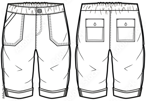 Baby boy Cargo rolled up pant design flat sketch fashion illustration vector template with front and back view, Toddler baby Casual chino utility trouser slim fit pants cad drawing mock up