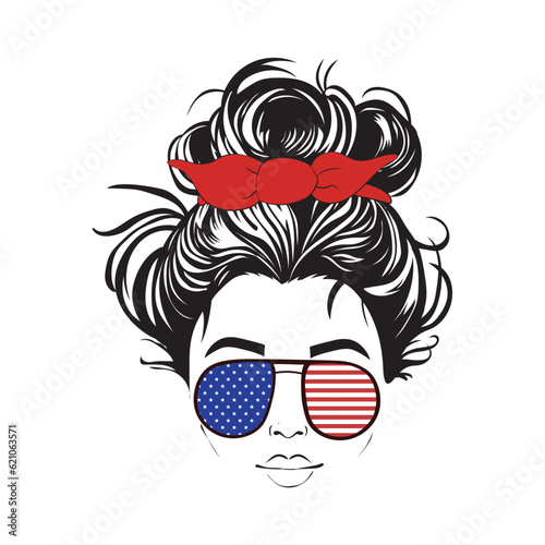 patriotic mom drawing wearing stars and stripe sunglasses, sublimation graphic, vector mama graphic 