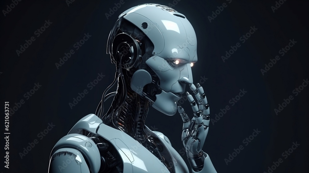 Robot android thinks, holds a finger near the head. Generative AI Robot android thinks, holds a finger near the head. Generative AI