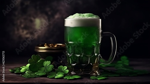 St Patrick's Day green shamrocks and green beer. Generative AI