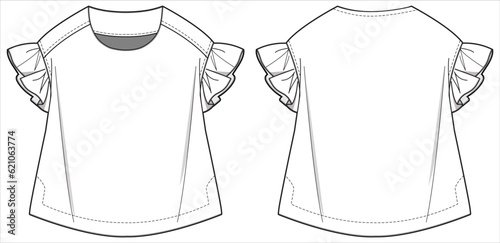 Girls Blouse woven top design with Frills flat sketch fashion illustration vector template with front and back view,  Toddler baby girl blouse