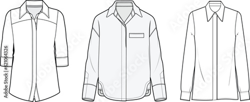 Shirt Blouse flat sketch illustration, Set of womens long sleeve shirt for formal wear and casual wear fashion illustration template mock up