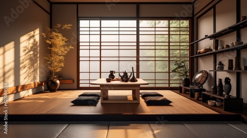 Modern Japanese style interior made of wood, with imaginative solutions. Generative AI Technology 