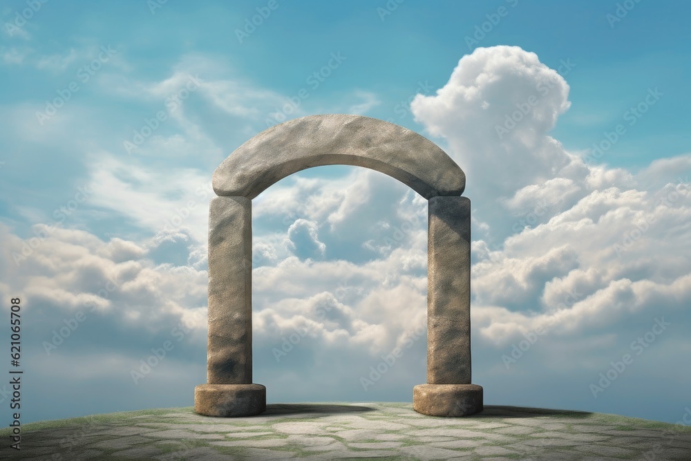 A background of clouds and an arch frame that evokes the beauty of nature supports a platform where goods may be presented.
