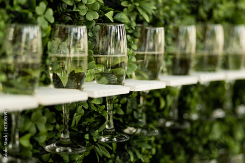 glasses of champagne at a wedding in greenery