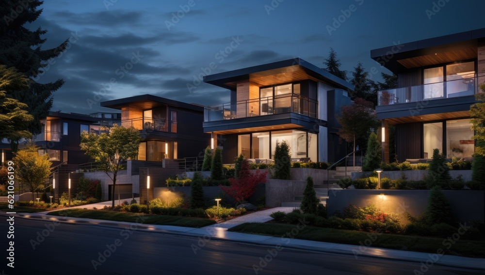 contemporary townhouse at night with lots of lighting and landscaping Generative AI
