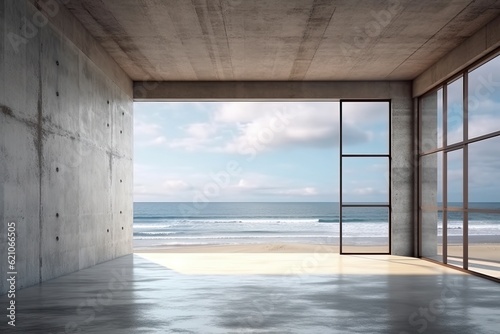 Industrial interior background bare  modern concrete room with opening and a view of the ocean on the back wall.