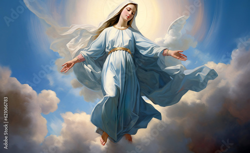 Assumption of Virgin Mary in heaven. Generative Ai photo
