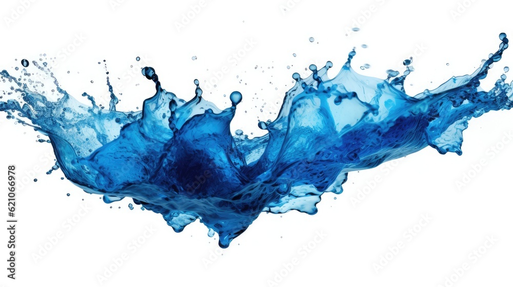 isolated splashes of blue water on white. made using generative AI tools