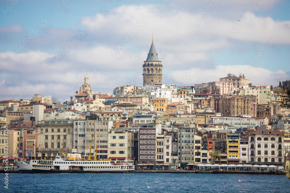 Cityscape of Istanbul and the Bosphorus with Galata Tower on the horizon.
