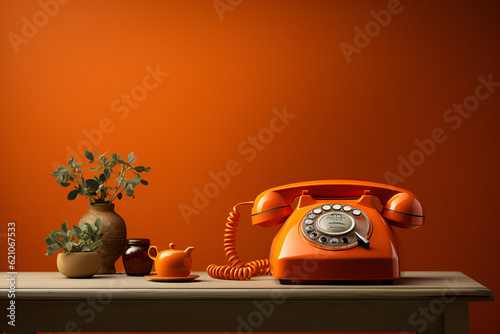 orange phone on wooden table