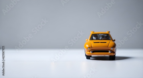 Toy yellow car for summer trip, hobby driving transport 3D render vehicle decoration with minimalist white background