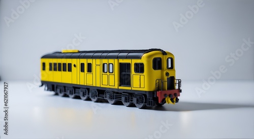Toy yellow train on railway, collection 3D render vehicle decoration with minimalist white background