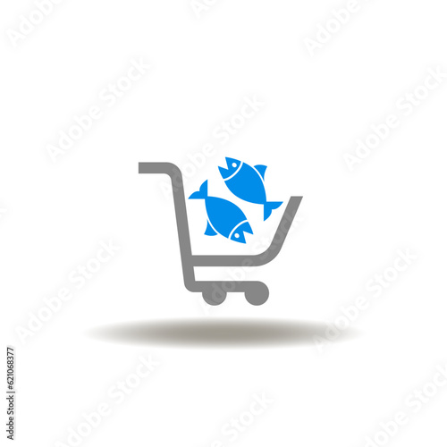 Vector illustration of shopping cart and fish. Icon of fish market. Symbol of fresh food grocery market. Sign of food sharing.