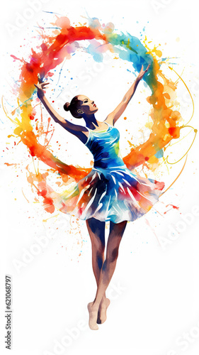 Watercolor abstract representation of rhythmic gymnastics. Rhythmic gymnastics player in action during colorful paint splash, isolated on white background. AI generated.