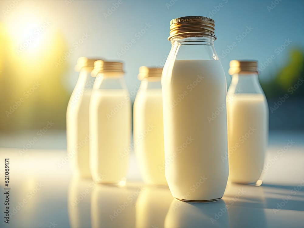 Glass bottles of fresh milk zoom closeup. ai generative Glass bottles of fresh milk zoom closeup. ai generative
