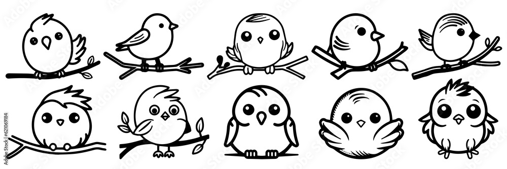 Obraz premium Kawaii bird silhouettes set, large pack of vector silhouette design, isolated white background