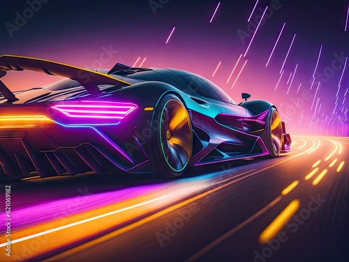 Futuristic Sports Car On Neon Highway Power. ai generative © Igor