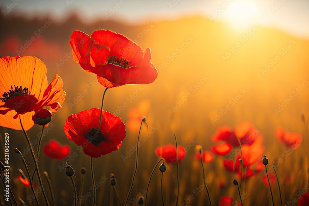 Obraz premium Poppy flower field bokeh lens flare. ai generative