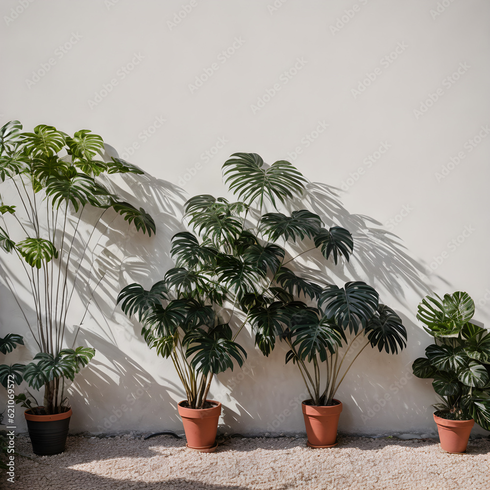 Plants with shadows on a painted wall blank backdrop 