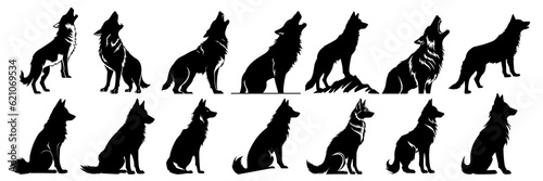 Wolf silhouettes set, large pack of vector silhouette design, isolated white background.