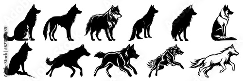 Wolf silhouettes set  large pack of vector silhouette design  isolated white background.