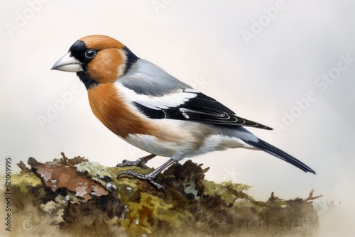 Photo Watercolor painted hawfinch on a white background.