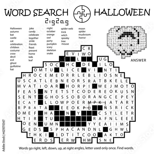Zigzag Word Search Crossword Puzzle. Pumpkin. Halloween. Words go right, left, down, up, at right angles, letter used only once. Black, white education activity page. Worksheet. Game for kids, adults photo