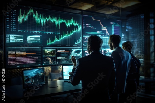 Group of crypto traders engaged in a lively discussion while analyzing trading charts