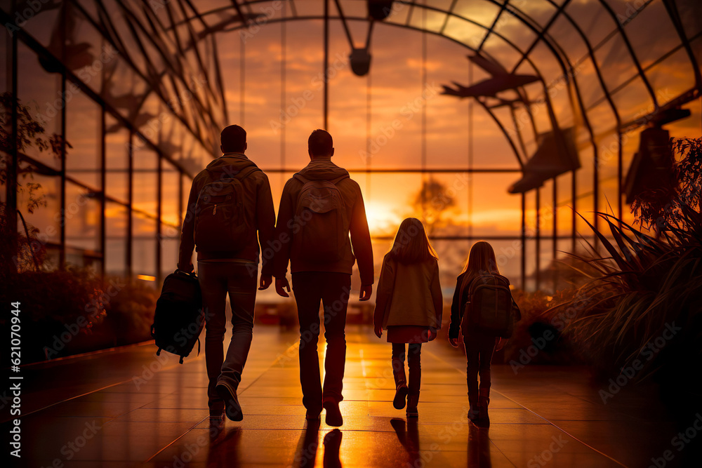 Happy family with suitcases walking through the airport terminal towards their gate. Generative AI