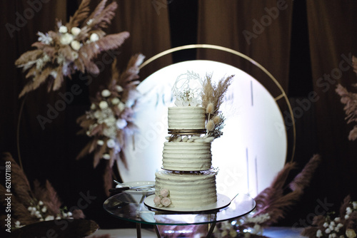 
wedding cake at the evening cake cutting ceremony.
white cake