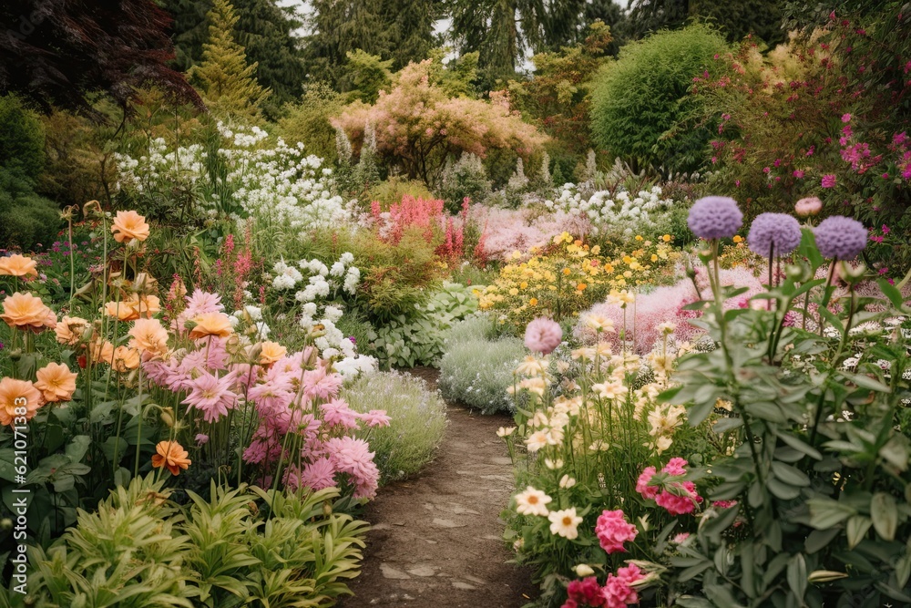 pastel flower garden with blooms in different shades surrounded by greenery, created with generative ai