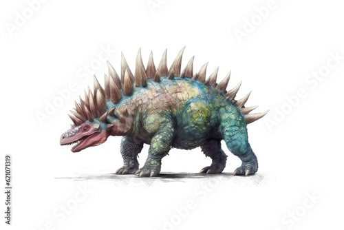 On a white background, a realistic depiction of a Stegosaurus, a herbivorous dinosaur that lived during the Mesozoic Periods Jurassic epoch, is presented alone. © 2rogan