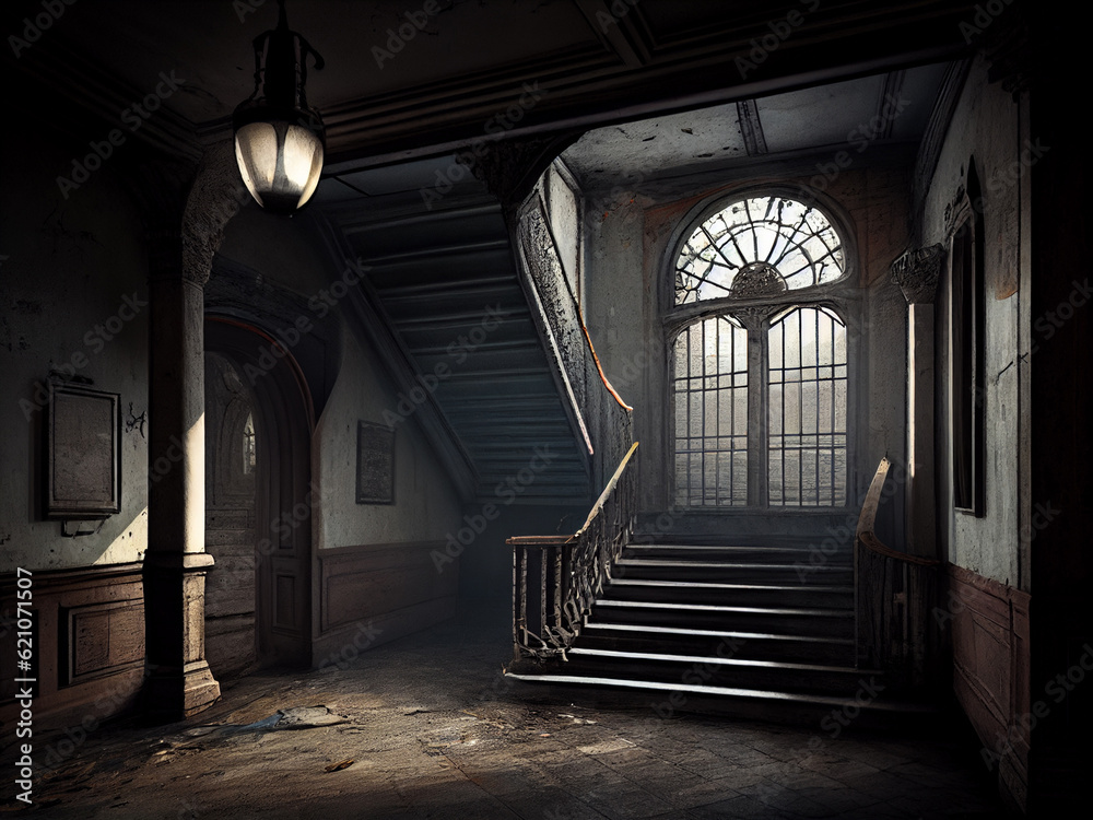 The interior of an abandoned old rich spacious mansion in twilight lighting and bright light penetrating its windows. Generative AI