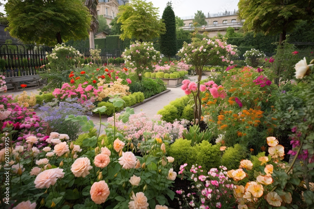 palace garden overflowing with pastel flowers, including roses and lilies, created with generative ai