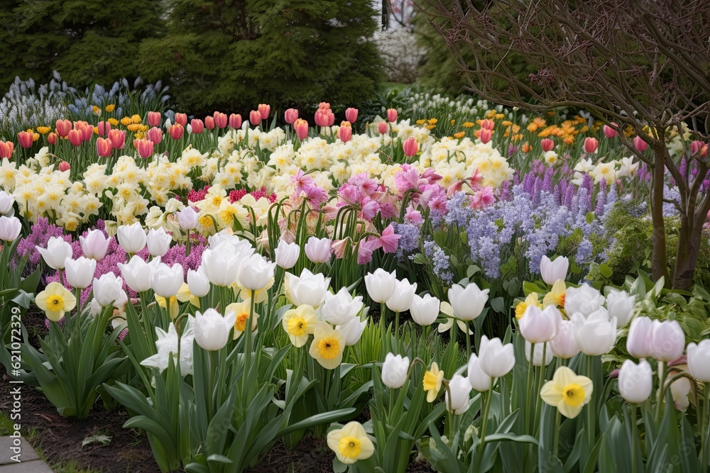 pastel flower garden with blooming tulips, roses, and daffodils, created with generative ai pastel flower garden with blooming tulips, roses, and daffodils, created with generative ai