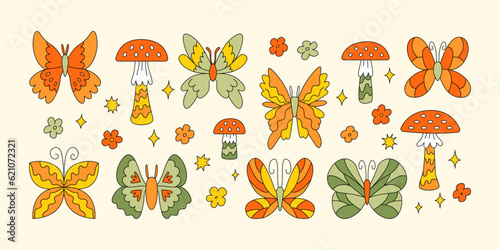 Set of retro groovy butterflies and mushrooms. Vector illustrtion in hippie, 1970 style