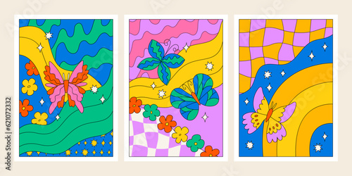 Set of psychedelic grovy posters with butterflies  daisy flowers  wavy checkerboard and stars. Vector trippy illustrations in kid core aesthetic