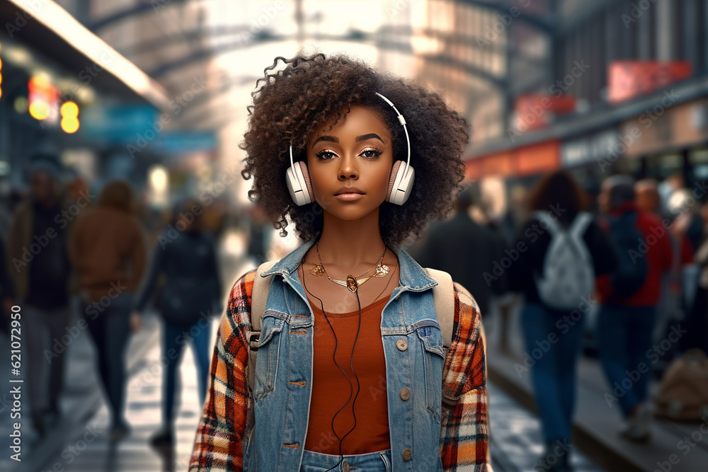 Favorite music in your headphones in the middle of a bustling city and nothing else. Close-up portrait of a black young woman in headphones.