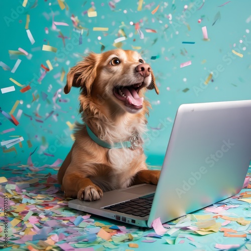 Obraz na plátně Excited happy dog with laptop and colorful confetti popper falling on pastel tur
